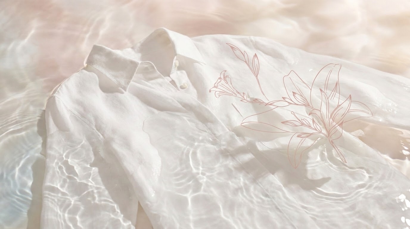 A pristine white linen shirt floating in crystal-clear water with an elegant lily illustration.